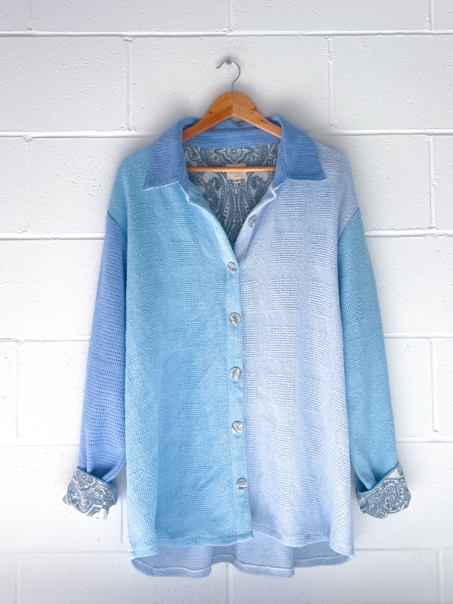 dusty upcycled blue long sleeve shirt byron bay