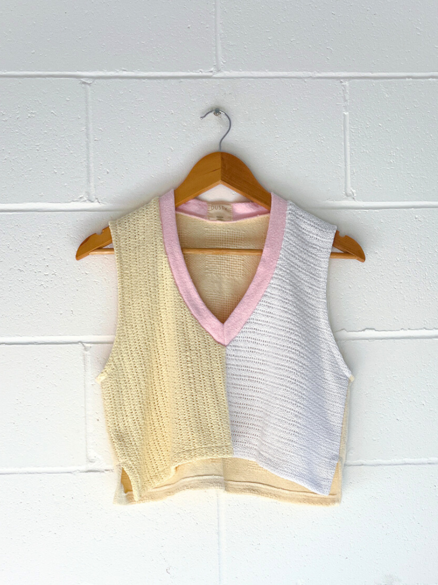 dusty upcycled cropped vest yellow, pink & white byron bay