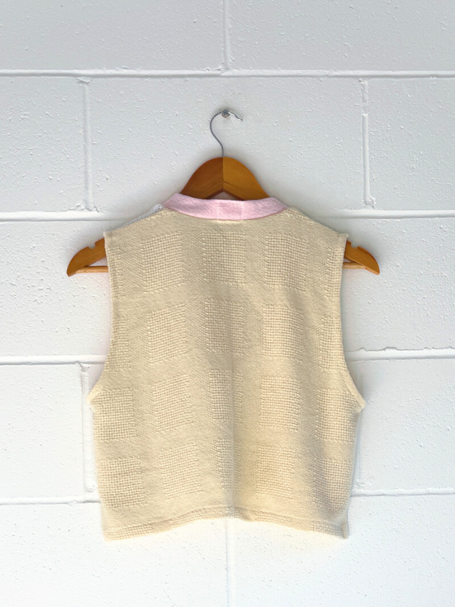 dusty upcycled cropped vest yellow, pink & white byron bay