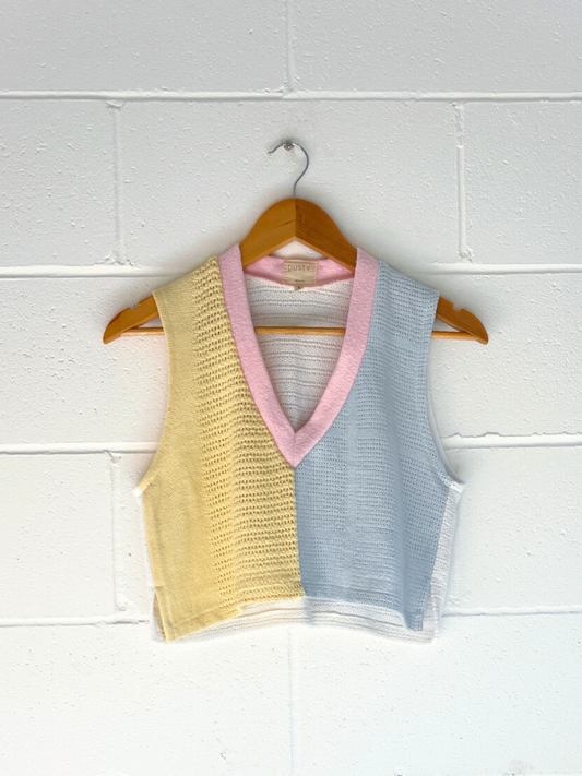 dusty upcycled reversible cropped vest yellow blue, pink & white byron bay