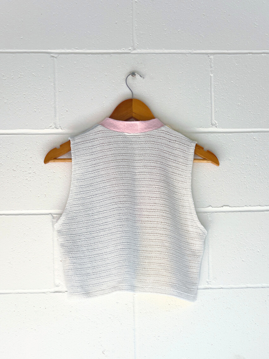 dusty upcycled reversible cropped vest yellow blue, pink & white byron bay