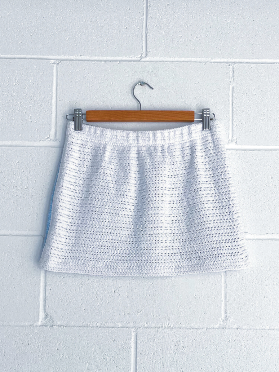 Dusty upcycled blue & white reversible mini skirt