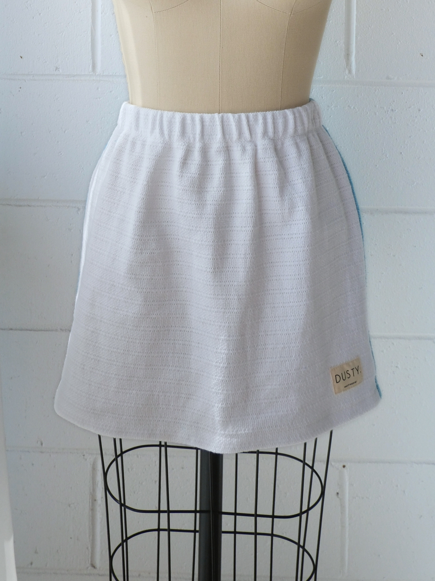 reversible mint blue & white mini skirt. handmade in Byron bay upcycled from 100% cotton blankets sustainable fashion