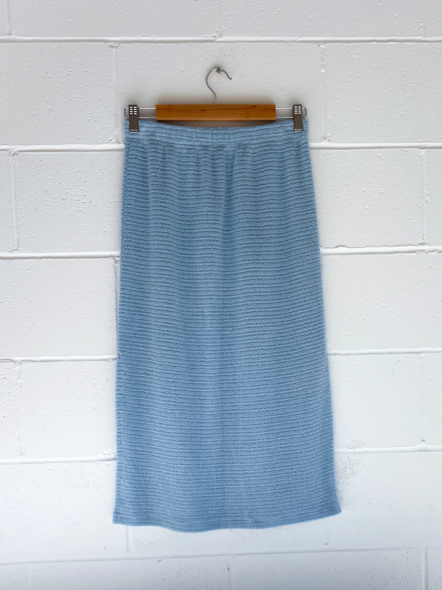 dusty upcycled blue midi skirt byron bay