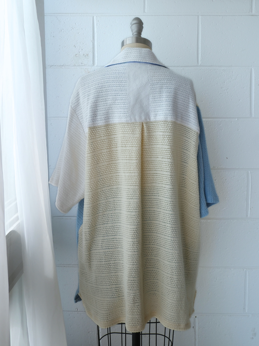 blue, butter yellow & white spliced unisex shirt. handmade in Byron bay upcycled from 100% cotton blankets sustainable fashion