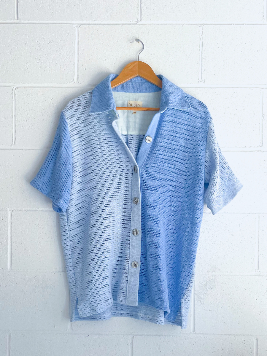 Dusty upcycled blue unisex shirt made in byron bay