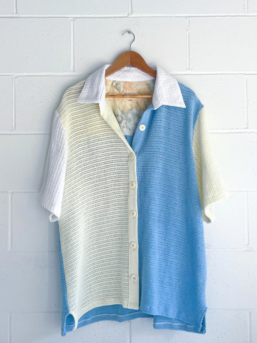 Dusty upcycled unisex shirt blue yellow white made in Byron Bay