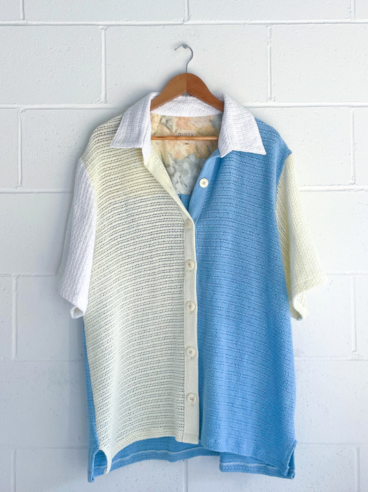 Dusty upcycled unisex shirt blue yellow white made in Byron Bay
