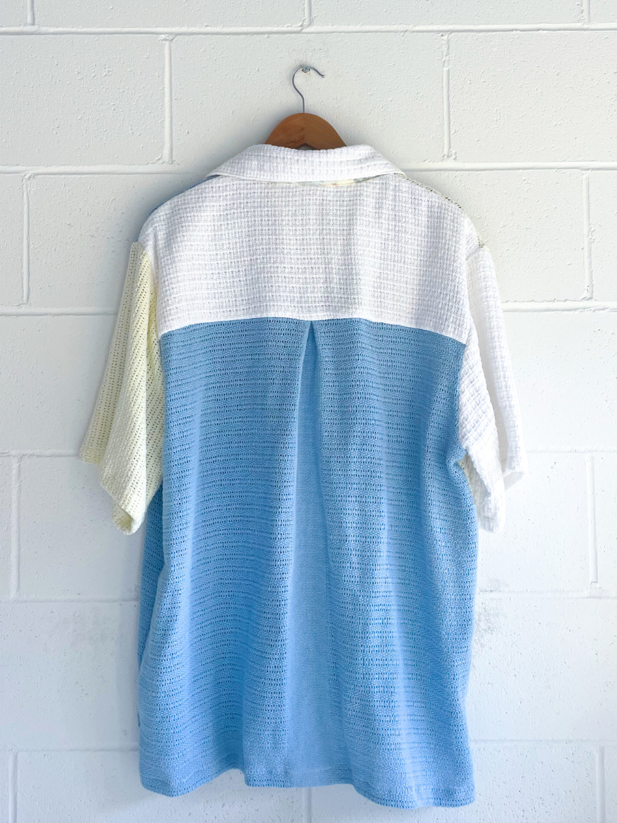 Dusty upcycled unisex shirt blue yellow white made in Byron Bay