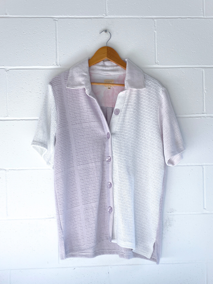 dusty upcycled purple short sleeve shirt