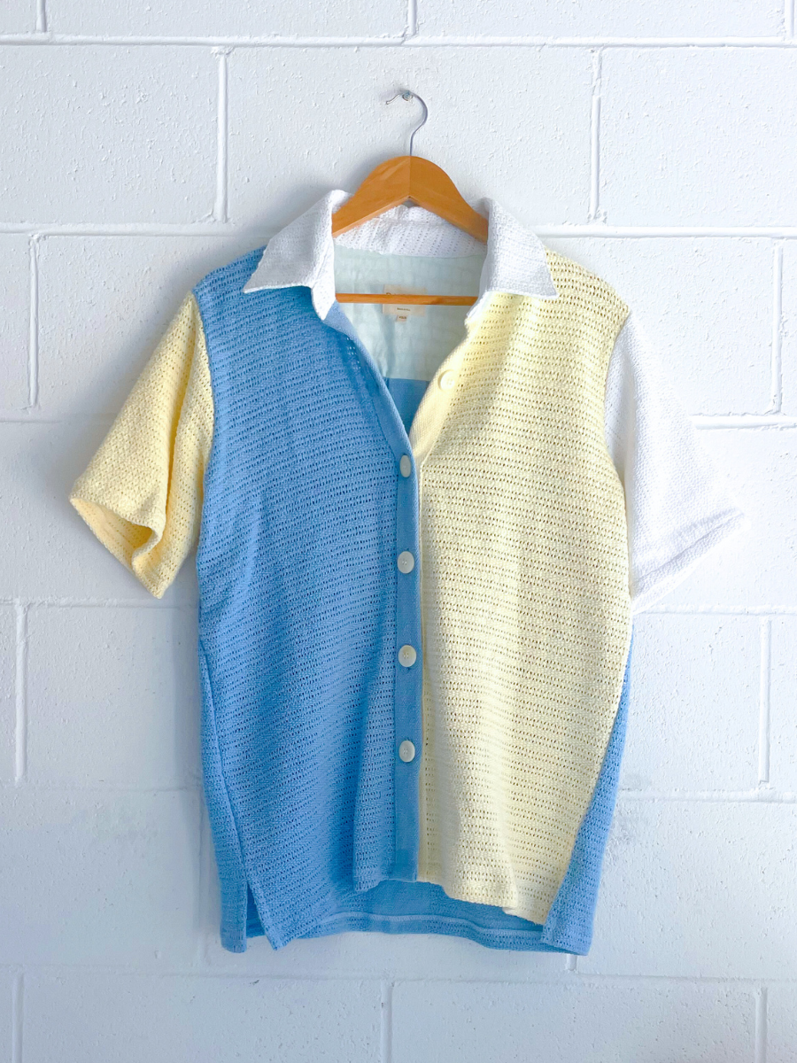 Dusty upcycled unisex shirt blue yellow white made in Byron Bay