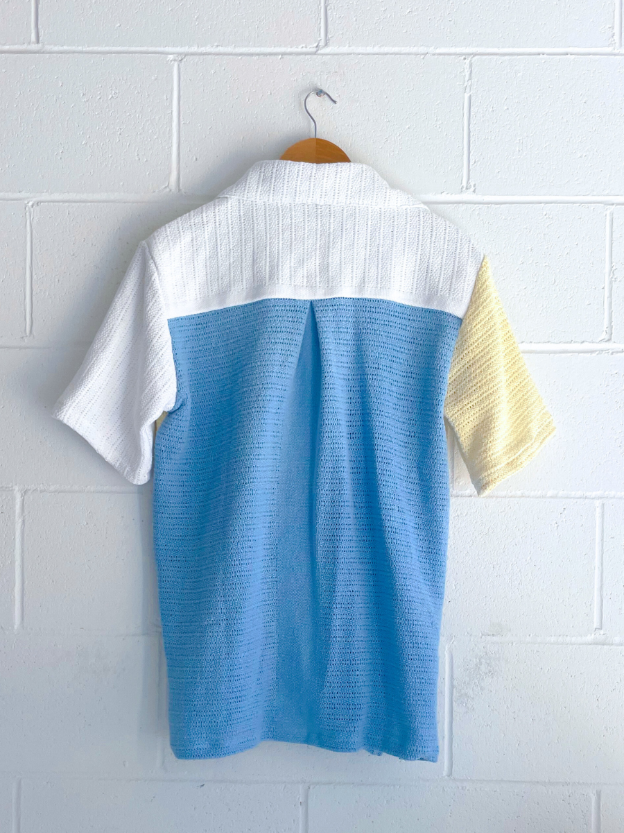 Dusty upcycled unisex shirt blue yellow white made in Byron Bay