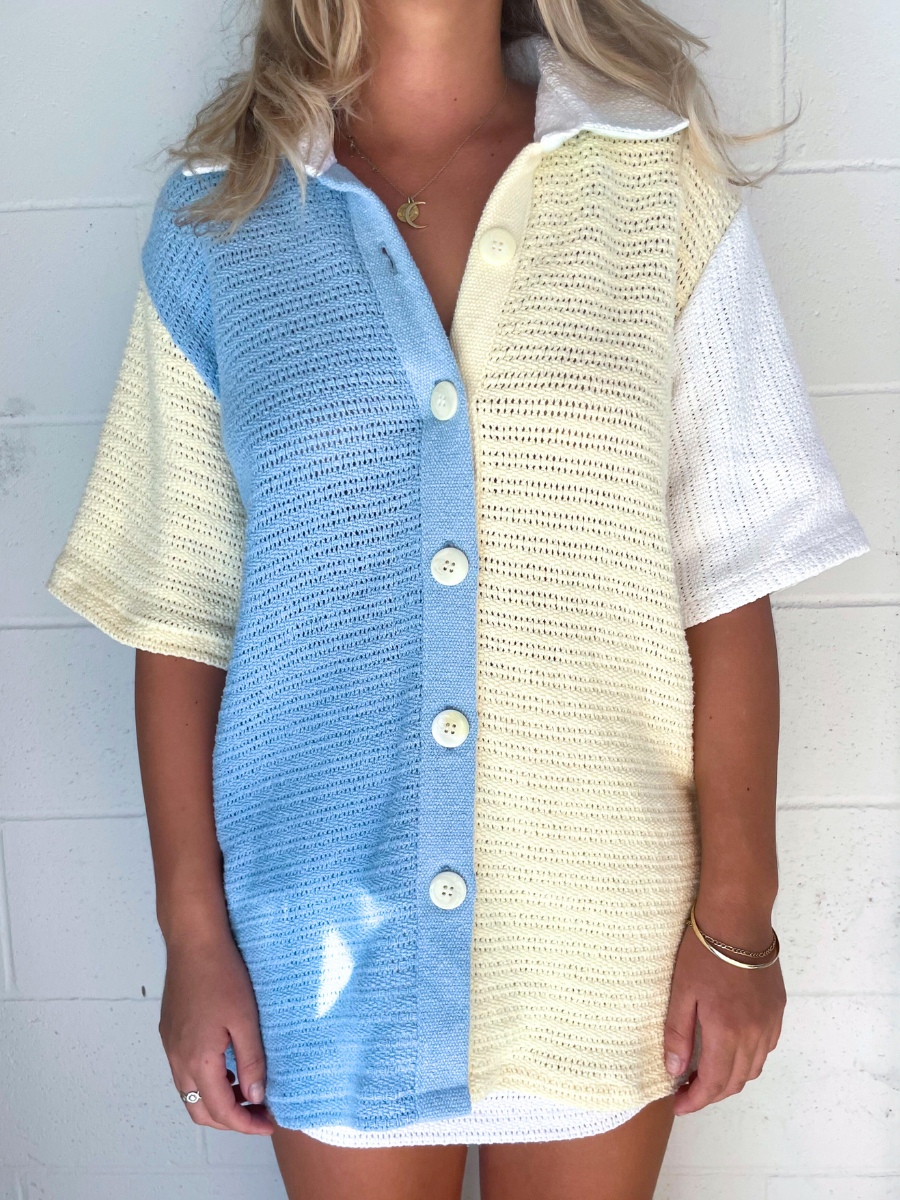 Dusty upcycled unisex shirt blue yellow white made in Byron Bay