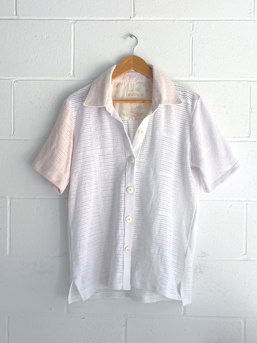 Dusty upcycled unisex shirt pink white neautral made in Byron Bay