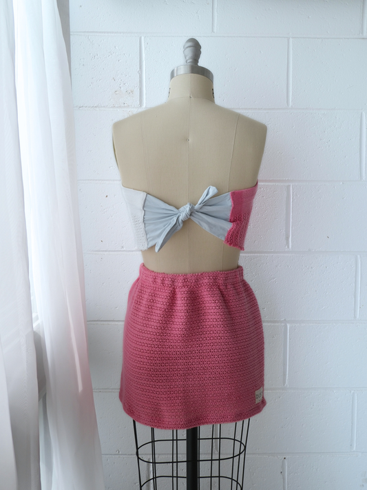pink & white spliced scarf top & skirt set . handmade in Byron bay upcycled from 100% cotton blankets sustainable fashion