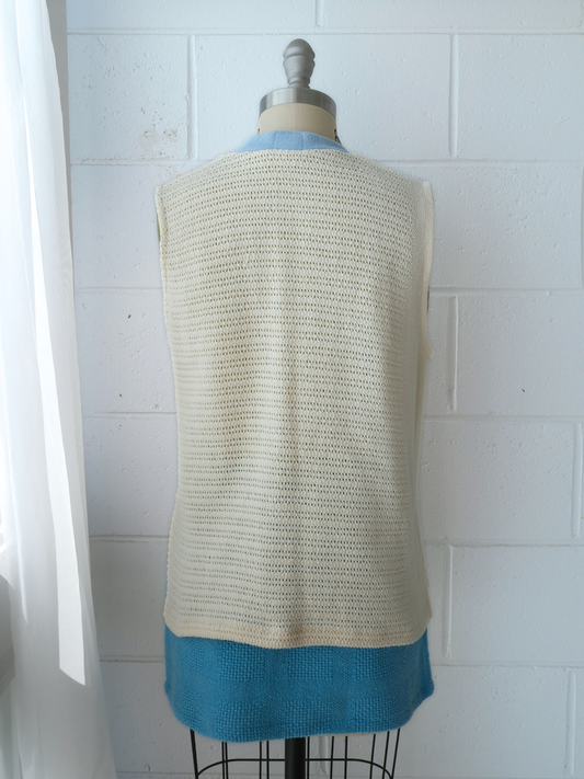 yellow & peach knitted v neck vest with blue contrast bind 100% cotton recycled blankets handmade made in australia upcycled byron bay sustainable fashion