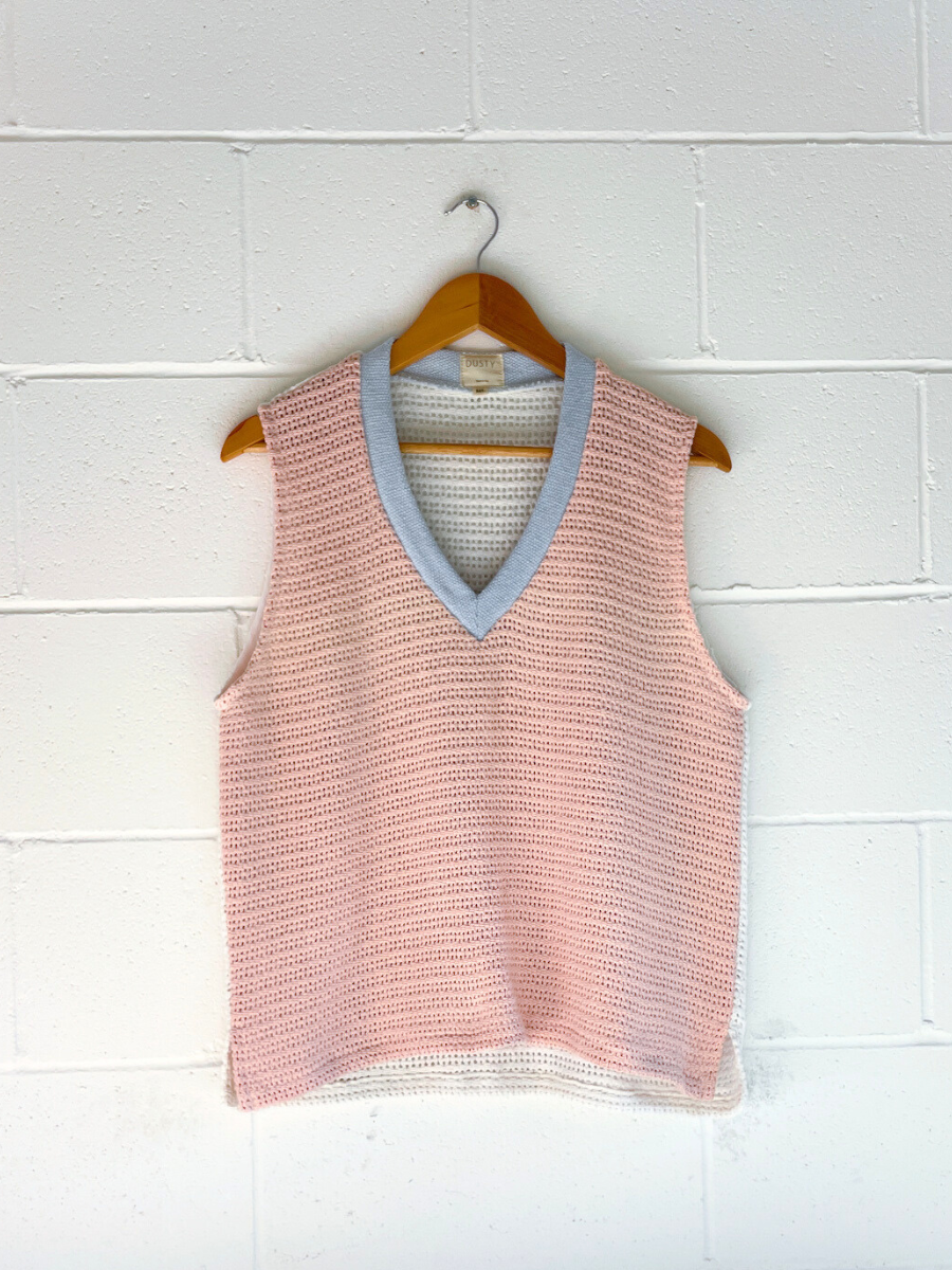 dusty upcycled pink, white & blue vest byron bay