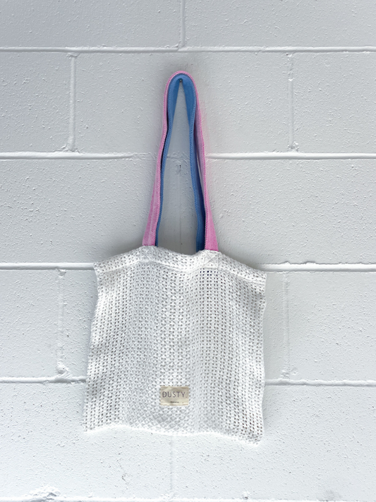 DUSTY WHITE BLUE & PINK UPCYCLED TOTE BYRON BAY