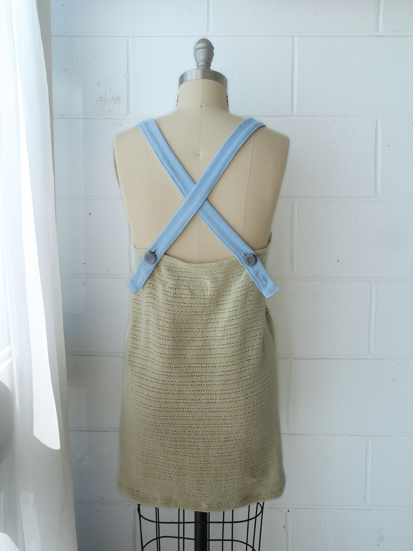 butter yellow & green knitted 100% cotton shift mini shift / tunic dress / pinaforedress with blue contrast adjustable straps and green back. Handmade upcycled from 100% cotton blankets made in byron bay