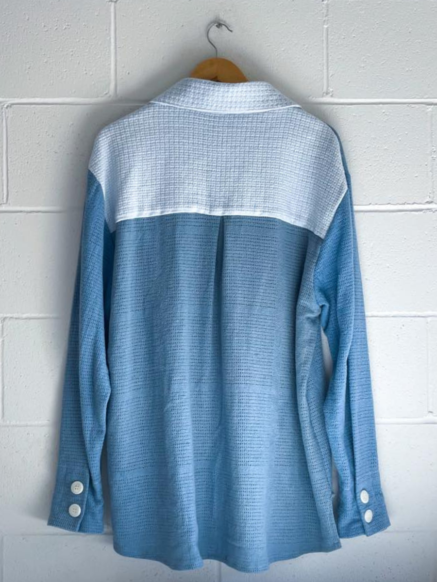 upcycled blue long sleeve shirt