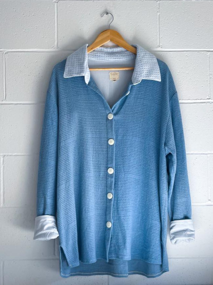 upcycled blue long sleeve shirt