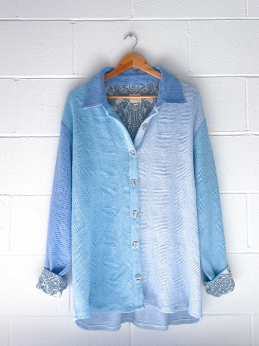 dusty upcycled blue long sleeve shirt byron bay 