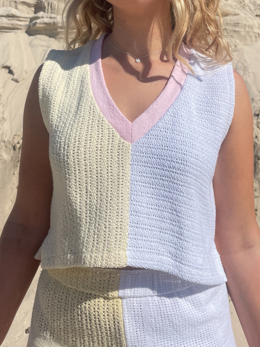 dusty upcycled cropped vest yellow & white byron bay