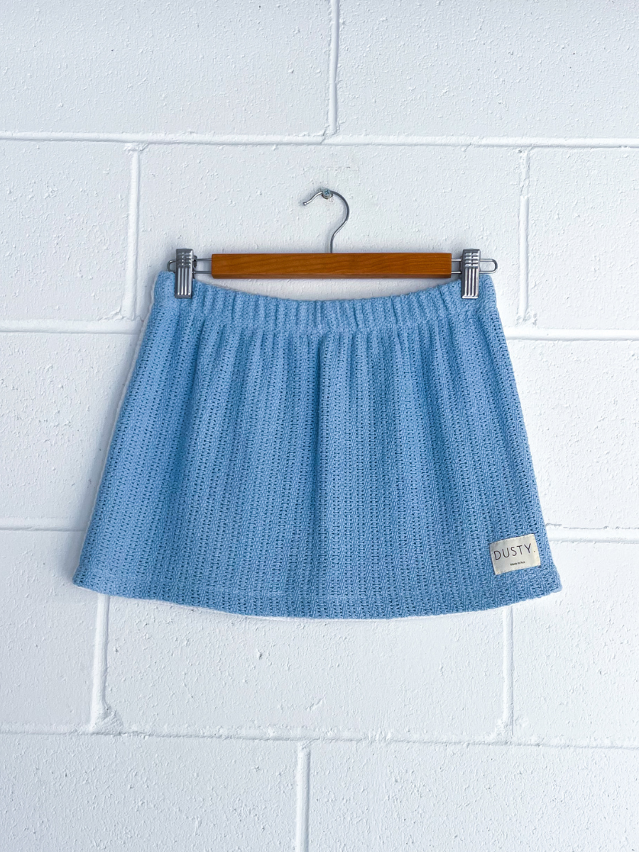 Dusty upcycled blue & white reversible mini skirt