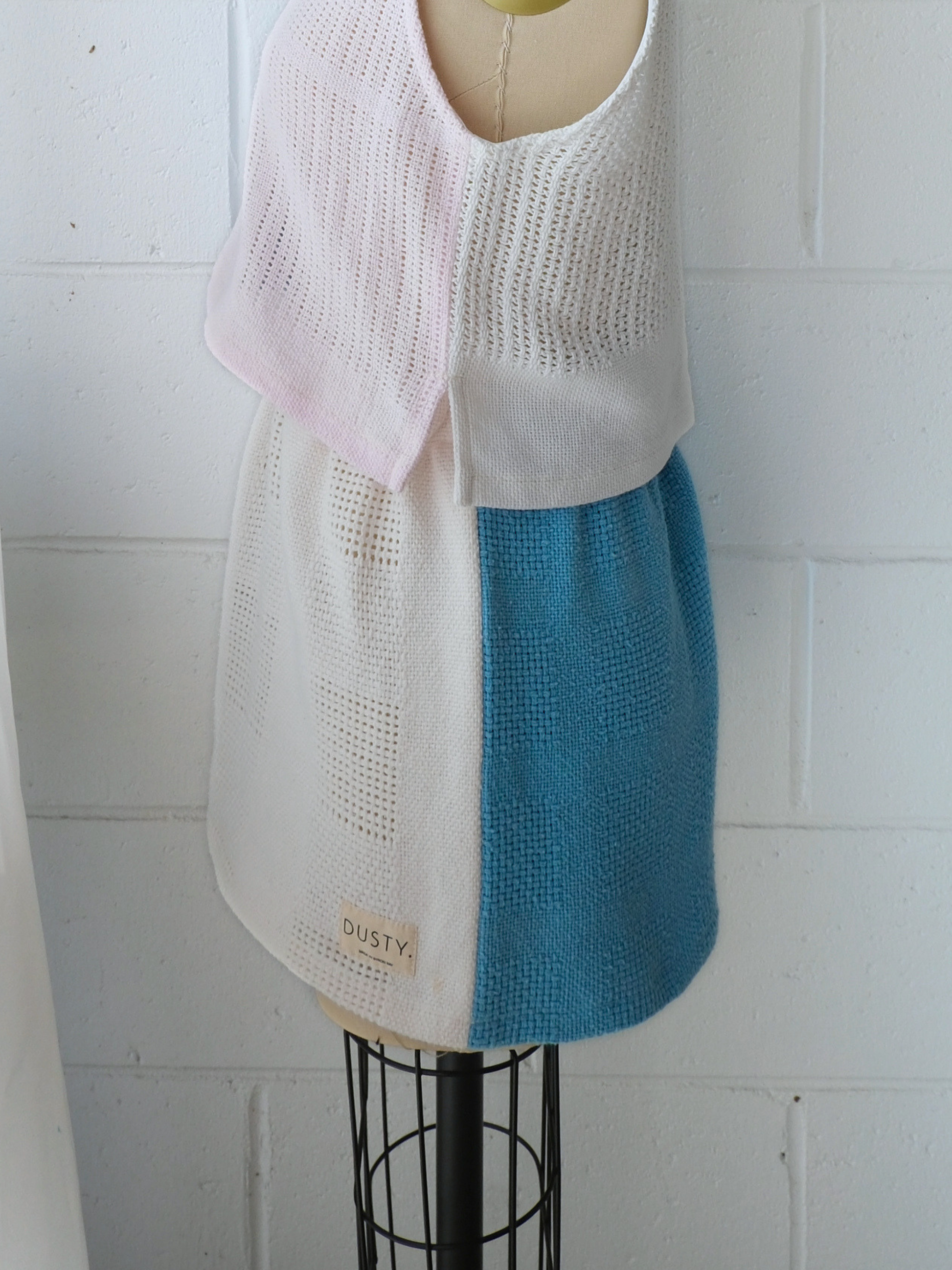 reversible mint blue & white mini skirt. handmade in Byron bay upcycled from 100% cotton blankets sustainable fashion 