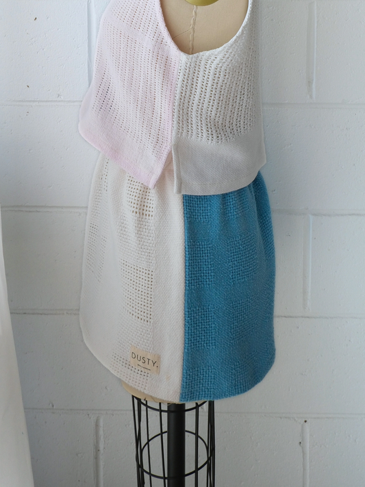 reversible mint blue & white mini skirt. handmade in Byron bay upcycled from 100% cotton blankets sustainable fashion 