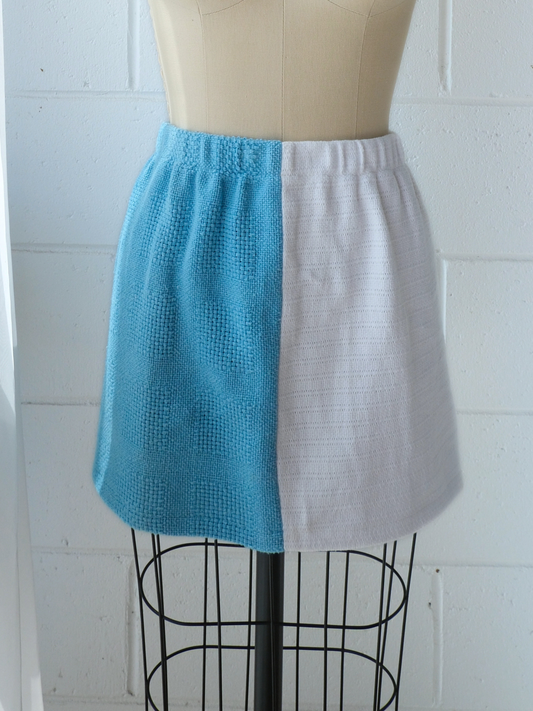 reversible mint blue & white mini skirt. handmade in Byron bay upcycled from 100% cotton blankets sustainable fashion 