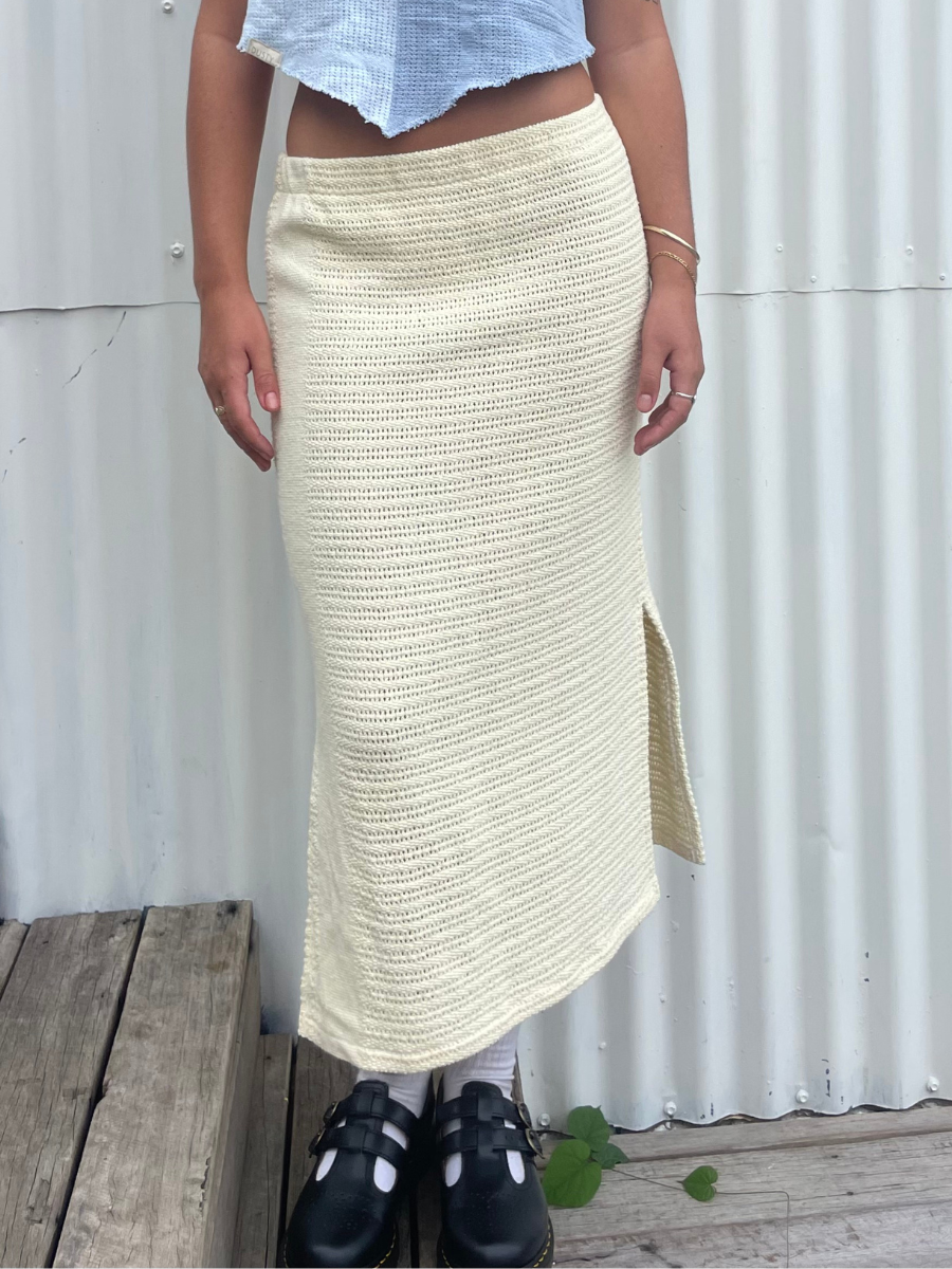 Dusty upcycled yellow midi skirt 