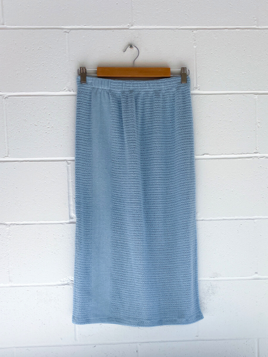 dusty upcycled blue midi skirt byron bay