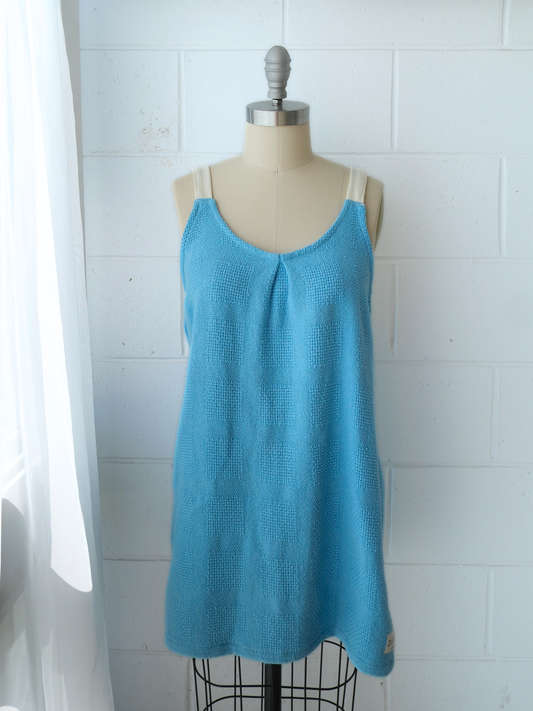 blue mini dress with cream sadustable straps  recycled fabrics 100% cotton made in Australia handmade Byron Bay 