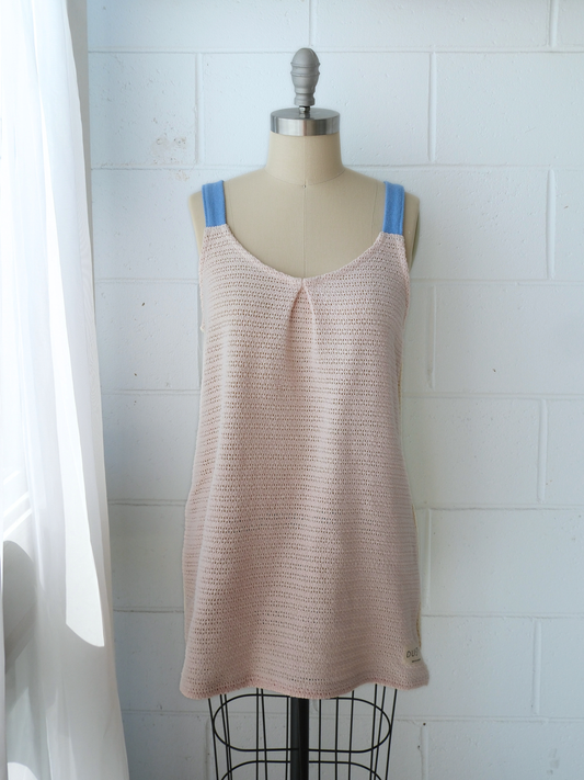 Peach pink knitted 100% cotton shift mini shift / tunic dress / pinaforedress with blue contrast adjustable straps and butter yellow back. Handmade upcycled from 100% cotton blankets made in byron bay 