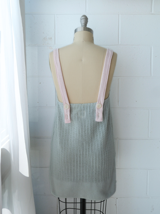 sage green knitted 100% cotton shift mini shift / tunic dress / pinaforedress with pink contrast straps. Handmade upcycled from 100% cotton blankets made in byron bay 