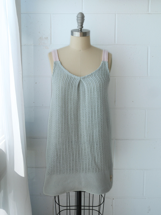 sage green knitted 100% cotton shift mini shift / tunic dress / pinaforedress with pink contrast straps. Handmade upcycled from 100% cotton blankets made in byron bay 