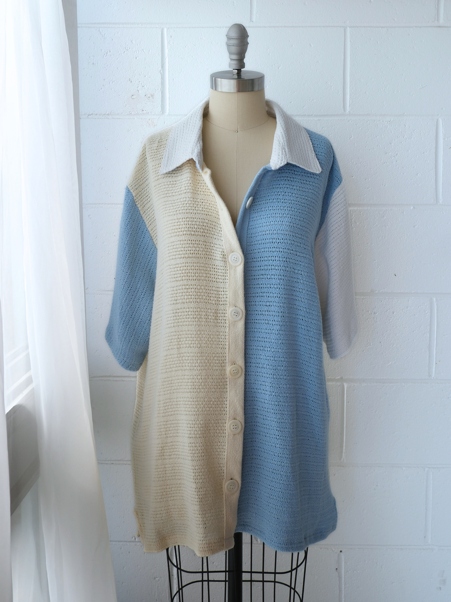 blue, butter yellow & white spliced unisex shirt. handmade in Byron bay upcycled from 100% cotton blankets sustainable fashion 