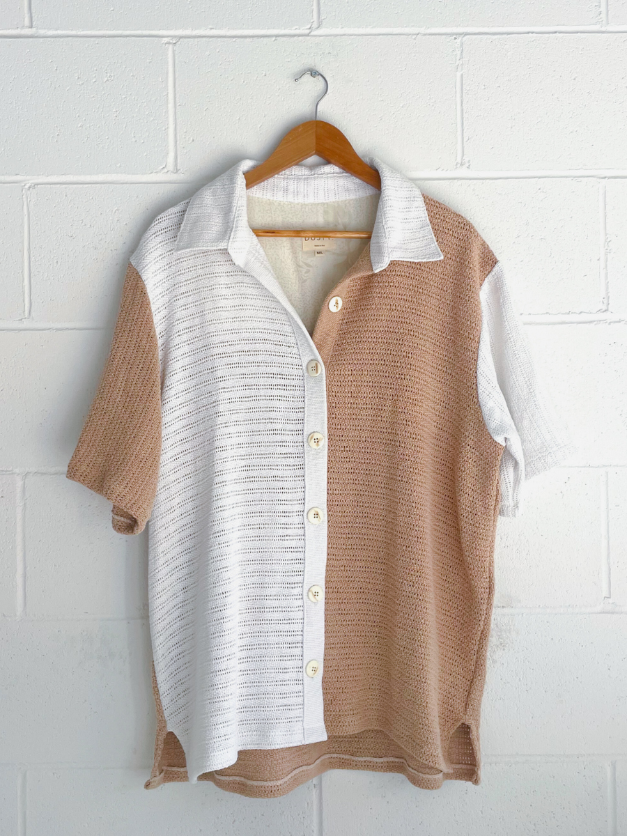 Dusty upcycled unisex shirt brown white neutral made in Byron Bay 
