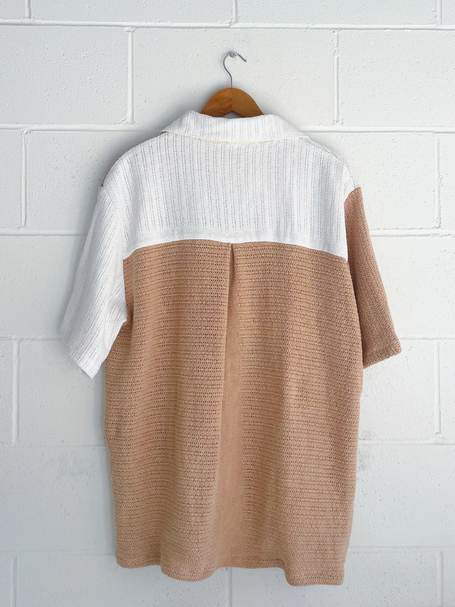 Dusty upcycled unisex shirt brown white neutral made in Byron Bay 