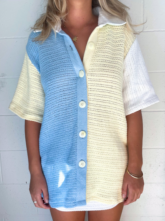 Dusty upcycled unisex shirt blue yellow white made in Byron Bay
