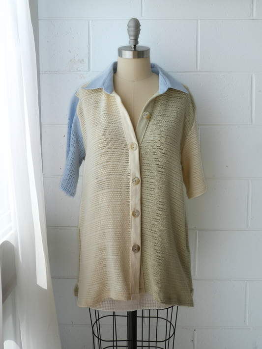 blue cream & green spliced unisex shirt. handmade in Byron bay upcycled from 100% cotton blankets sustainable fashion 