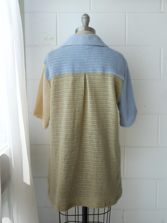 blue cream & green spliced unisex shirt. handmade in Byron bay upcycled from 100% cotton blankets sustainable fashion 