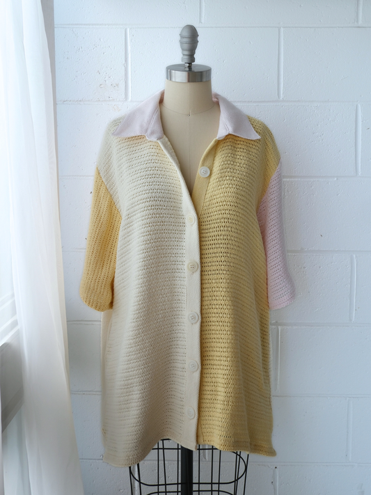 Yellow, cream & pink spliced unisex shirt. handmade in Byron bay upcycled from 100% cotton blankets sustainable fashion 