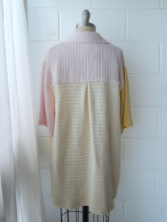 Yellow, cream & pink spliced unisex shirt. handmade in Byron bay upcycled from 100% cotton blankets sustainable fashion 