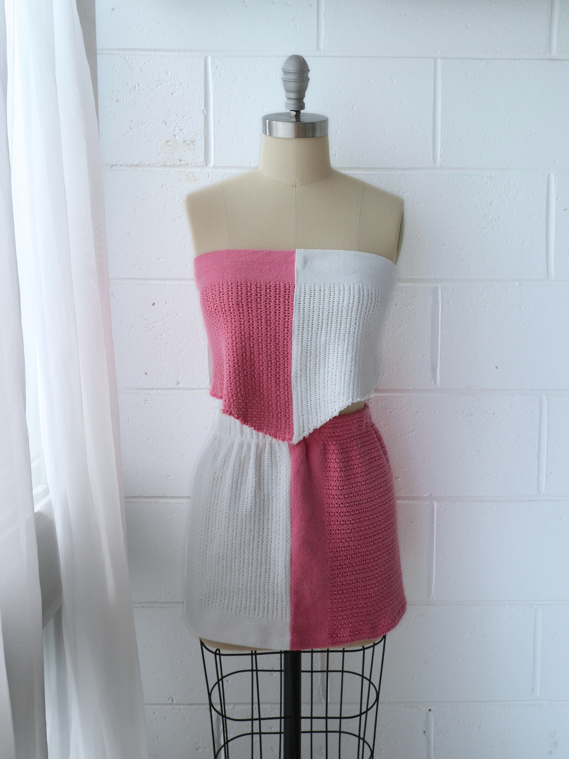 pink & white spliced scarf top & skirt set . handmade in Byron bay upcycled from 100% cotton blankets sustainable fashion 