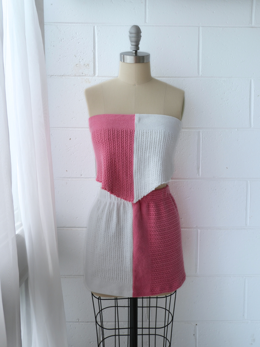 pink & white spliced scarf top & skirt set . handmade in Byron bay upcycled from 100% cotton blankets sustainable fashion 