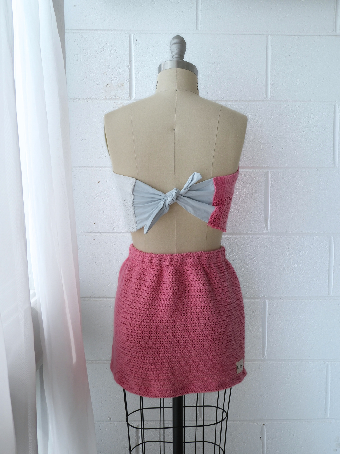 pink & white spliced scarf top & skirt set . handmade in Byron bay upcycled from 100% cotton blankets sustainable fashion 