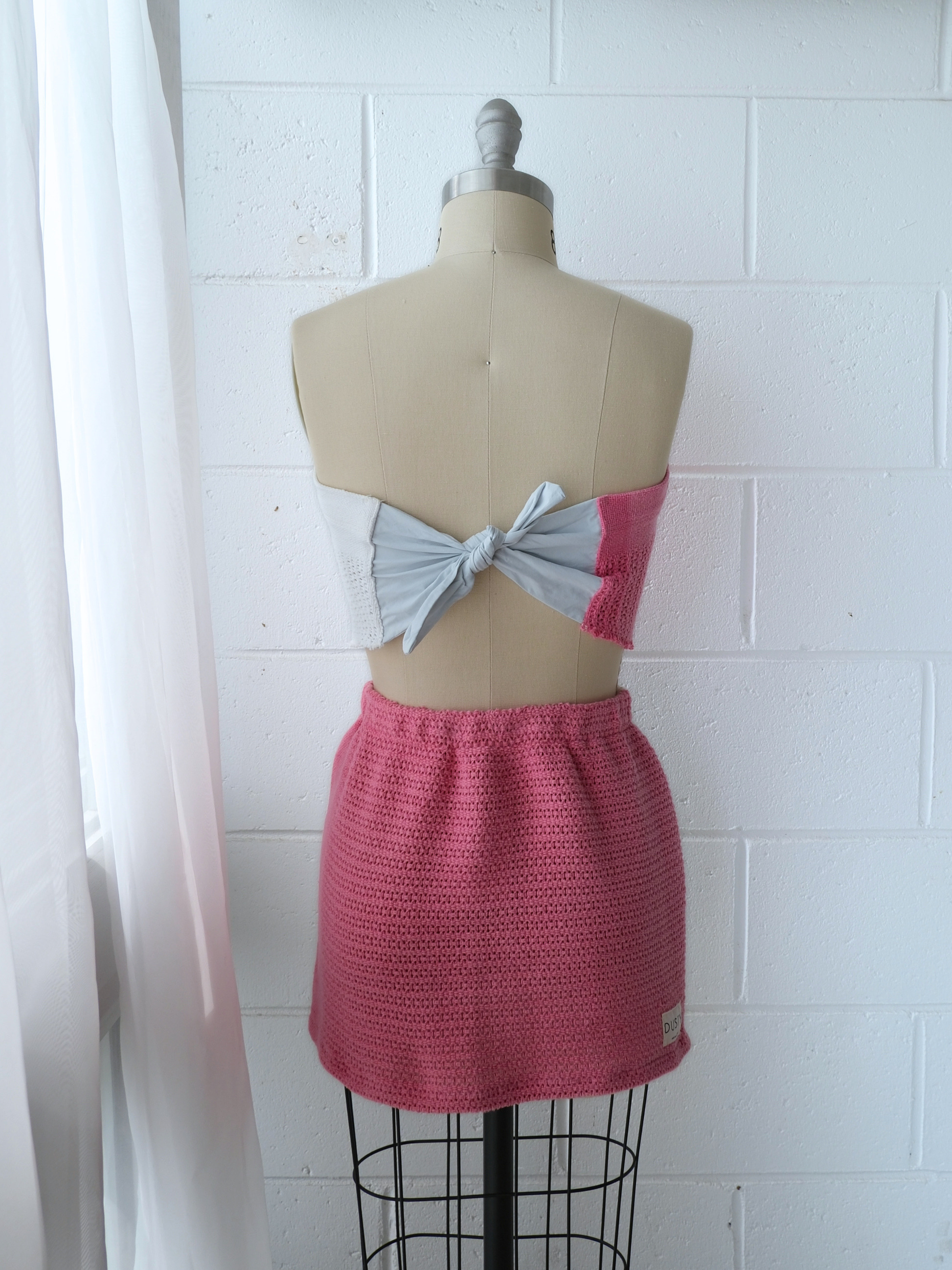 pink & white spliced scarf top & skirt set . handmade in Byron bay upcycled from 100% cotton blankets sustainable fashion 