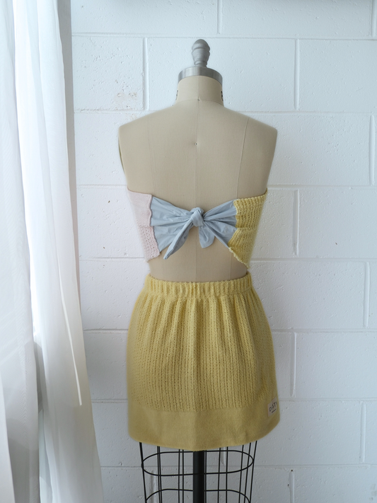 pink & yellow spliced scarf top & skirt set . handmade in Byron bay upcycled from 100% cotton blankets sustainable fashion 